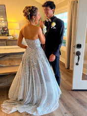 Silver Strapless A-Line All-Over Confetti Sequin Sparkle Prom Dress