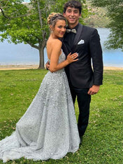 Silver Strapless A-Line All-Over Confetti Sequin Sparkle Prom Dress