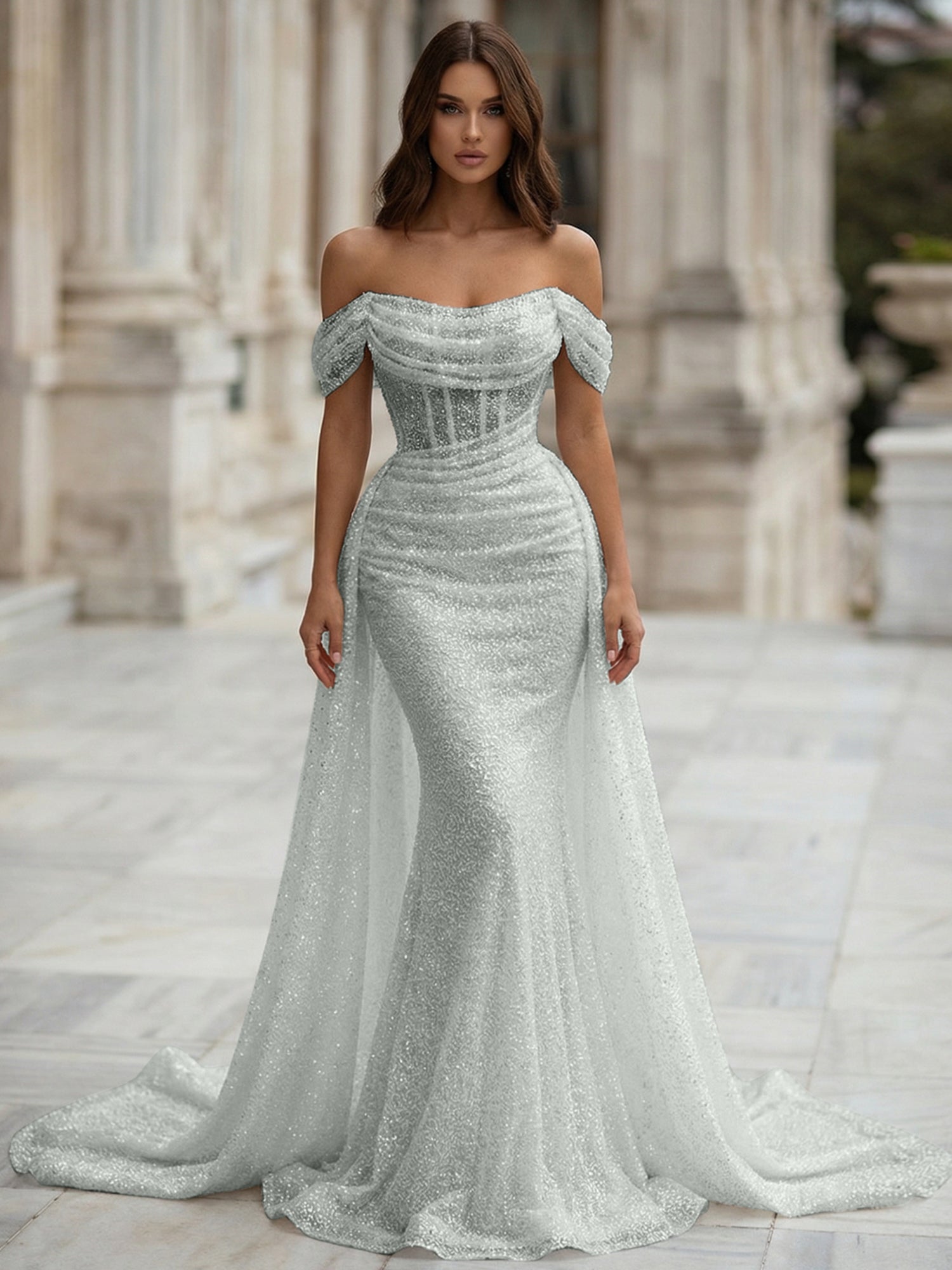 White Sequin Corset Mermaid Prom Dress with Overskirt
