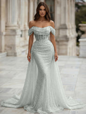 White Sequin Corset Mermaid Prom Dress with Overskirt