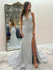 Black Mermaid Lace Halter Long Prom Dress with Slit