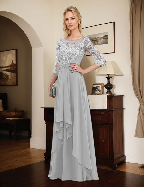 Robe de mère de la mariée trapèze en mousseline de soie et dentelle, longueur au sol, avec volants en cascade 