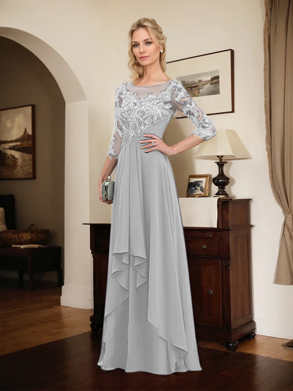 A-line Scoop Illusion Floor-Length Lace Chiffon Mother of the Bride Dress With Cascading Ruffles