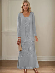 Sheath/Column V-Neck Ankle-Length Mother of the Bride Dresses with Jacket & Sequins