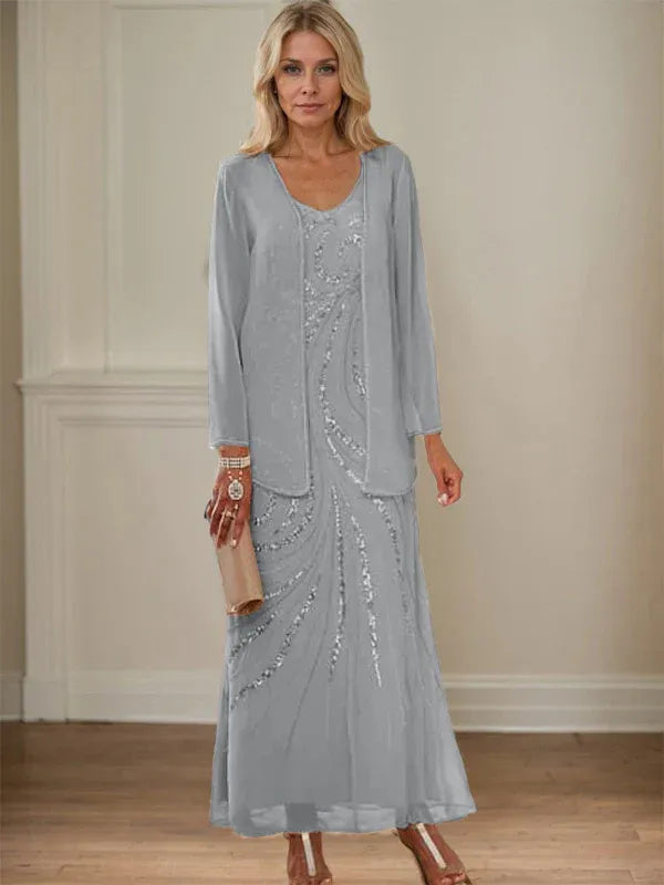 Robe de mère de la mariée fourreau/colonne, col en V, longueur cheville, avec veste et paillettes 