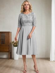 A-line Scoop Knee-Length Lace Chiffon Mother of the Bride Dress