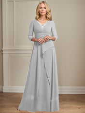 A-line V-Neck Floor-Length Chiffon Mother of the Bride Dress With Pleated Beading