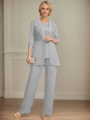 Jumpsuit/Pantsuit Separates Scoop Floor-Length Chiffon Lace Mother of the Bride Dress With Sequins
