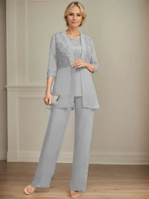 Pantsuit Separates Scoop Floor-Length Chiffon Lace Mother of the Bride Dress With Sequins
