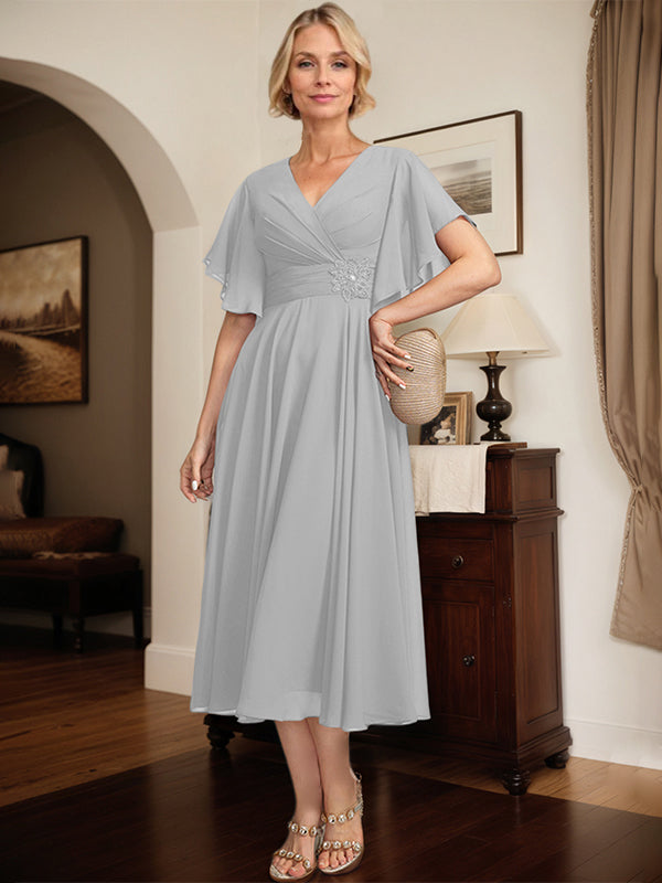 A-line V-Neck Tea-Length Chiffon Mother of the Bride Dress With Pleated Beading