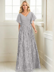 A-line V-Neck Floor-Length Lace Sequin Chiffon Mother of the Bride Dress With Pleated