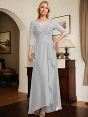 A-line Scoop Illusion Asymmetrical Lace Chiffon Mother of the Bride Dress With Sequins Cascading Ruffles