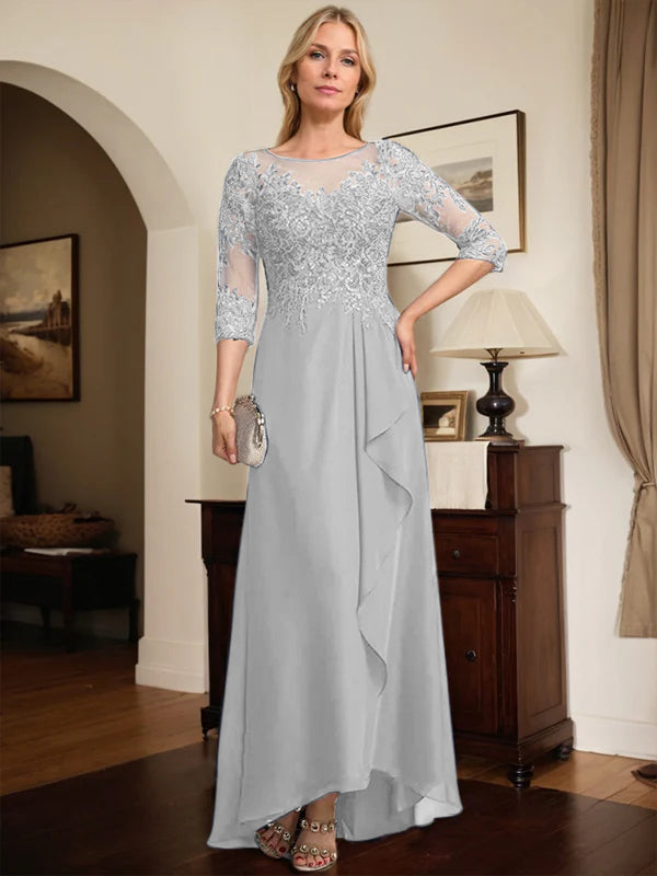 A-line Scoop Illusion Asymmetrical Lace Chiffon Mother of the Bride Dress With Sequins Cascading Ruffles