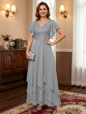 A-line V-Neck Ankle-Length Lace Chiffon Mother of the Bride Dress With Cascading Ruffles