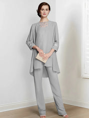 Tailleur-pantalon en mousseline à manches longues pour mère de la mariée avec veste 