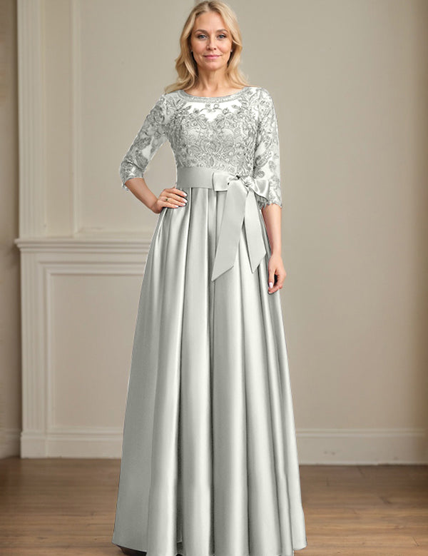 A-line Scoop Illusion Floor-Length Satin Lace Mother of the Bride Dress With Sequins Bow