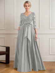 A-line V-Neck Floor-Length Satin Lace Mother of the Bride Dress With Sequins Bow