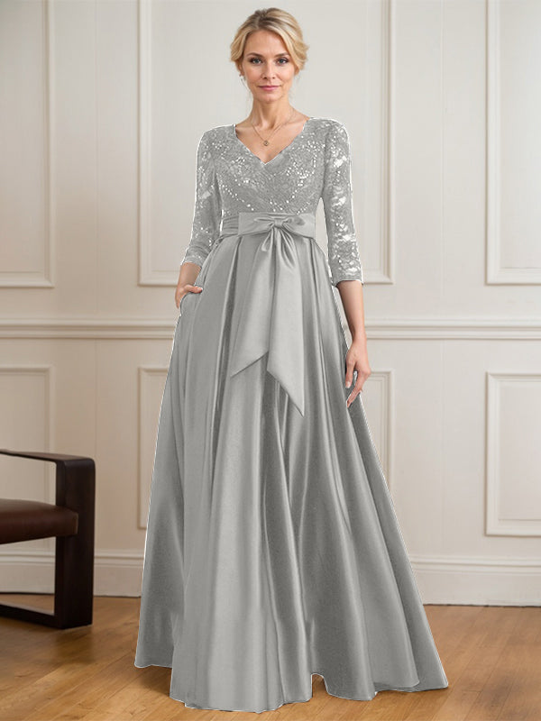 A-line V-Neck Floor-Length Satin Lace Mother of the Bride Dress With Sequins Bow