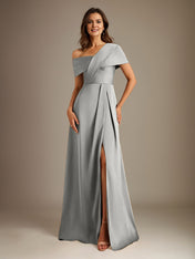 A-Line Asymmetrical Neckline Floor-Length Satin Mother of the Bride Dress With Pleated