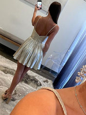 Silver A-Line Halter Neck Short Metallic Homecoming Dress with Pleating