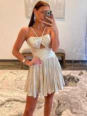 Silver A-Line Halter Neck Short Metallic Homecoming Dress with Pleating