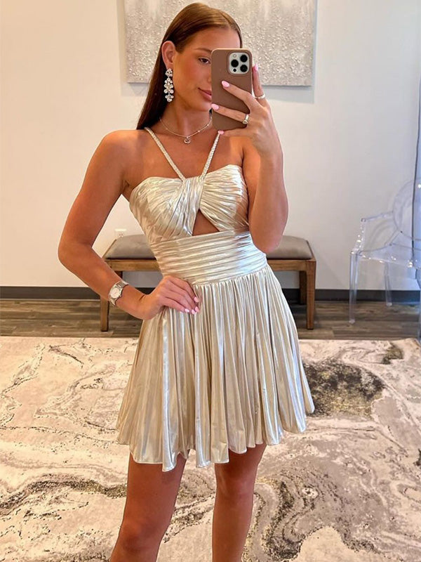 Silver A-Line Halter Neck Short Metallic Homecoming Dress with Pleating
