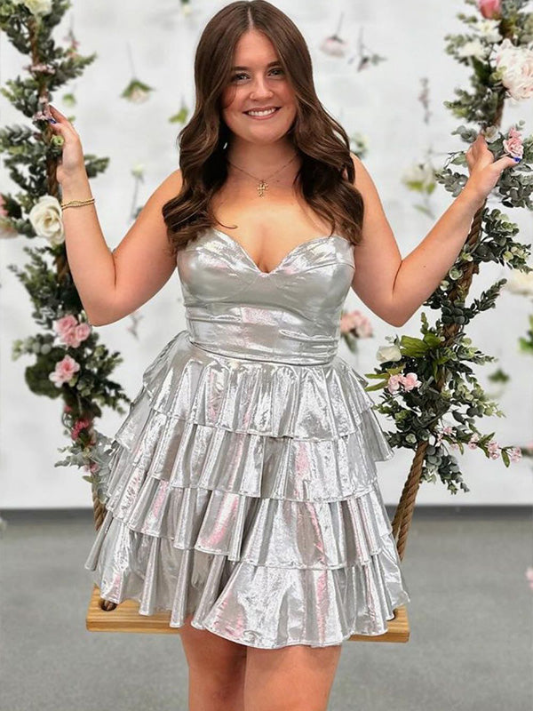 Silver A-Line Sweetheart Short Tiered Metallic Homecoming Dress