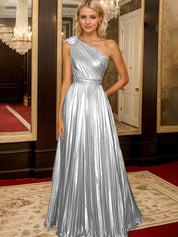 Golden A Line One Shoulder A Line Pleated Metallic Long Formal Dress