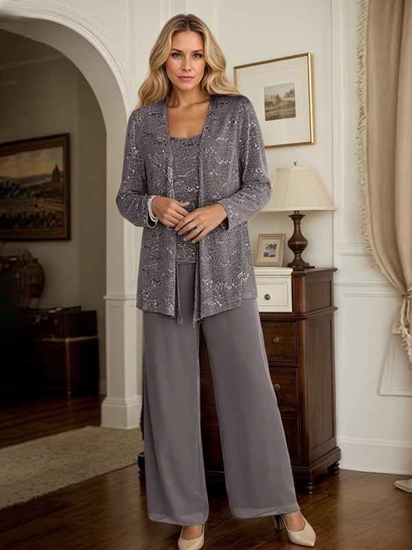 Chiffon Mother of the Bride Pantsuits with Jacket & Sequins