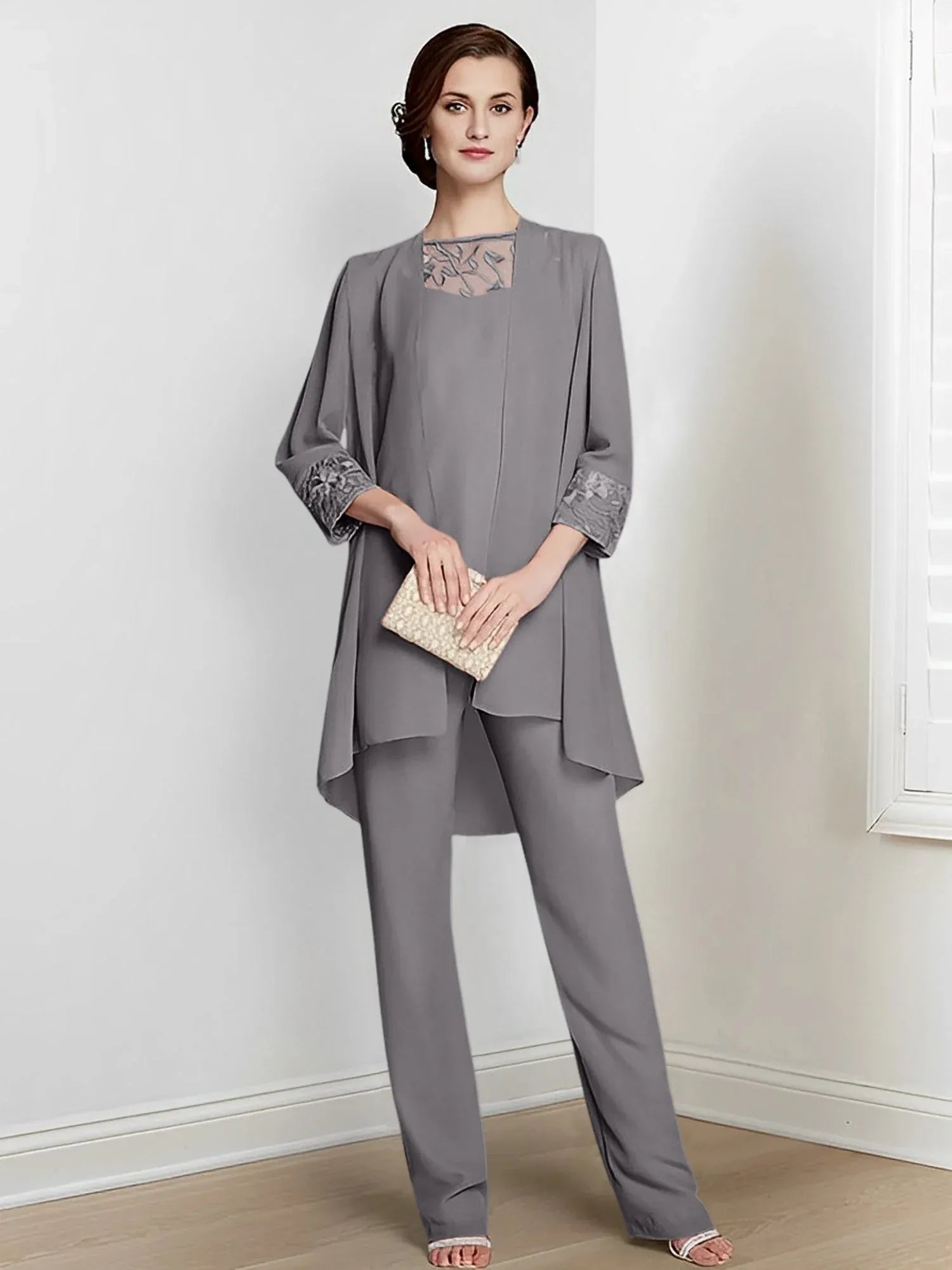 Tailleur-pantalon en mousseline à manches longues pour mère de la mariée avec veste 