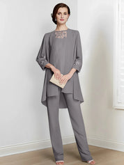 Tailleur-pantalon en mousseline à manches longues pour mère de la mariée avec veste 