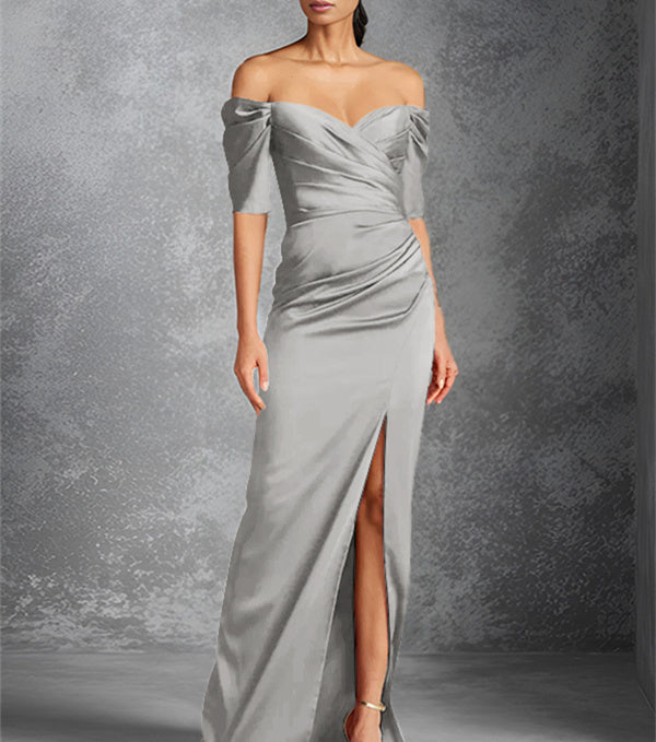 Column Off-the-Shoulder Short Sleeves Floor-Length Mother of the Bride Dresses With Split Front