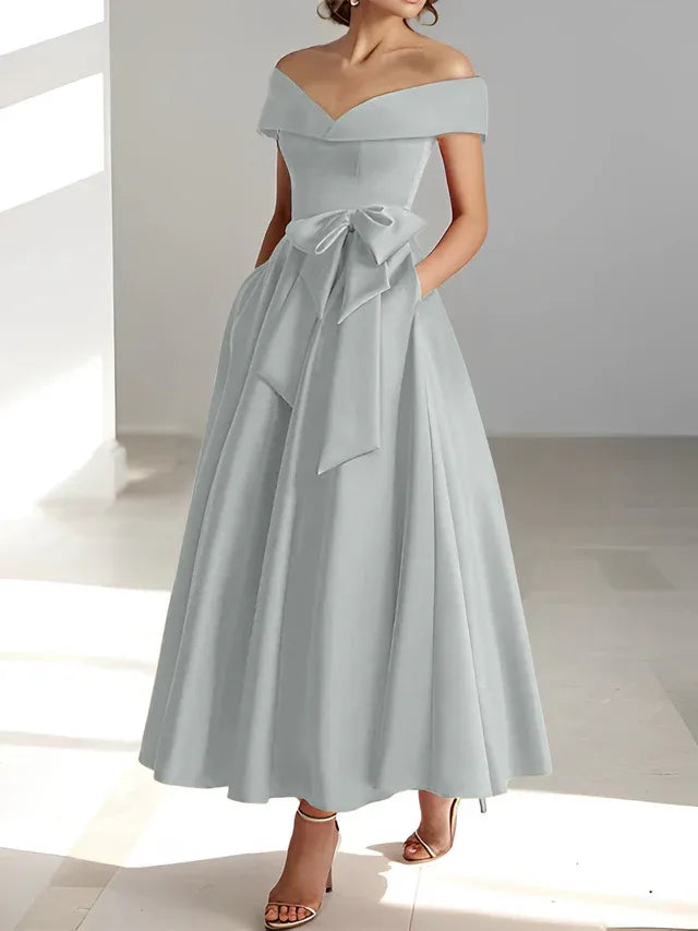 Robe de mère de la mariée coupe A-Line/Princesse, épaules dénudées, sans manches, longueur cheville, avec poches 