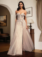 Silver A Line Off the Shoulder Long Appliqued Prom Dress With Slit