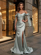 Silvery Sage Satin Off-the-Shoulder Bow Prom Dress