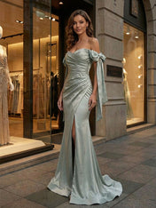 Silvery Sage Satin Off-the-Shoulder Bow Prom Dress