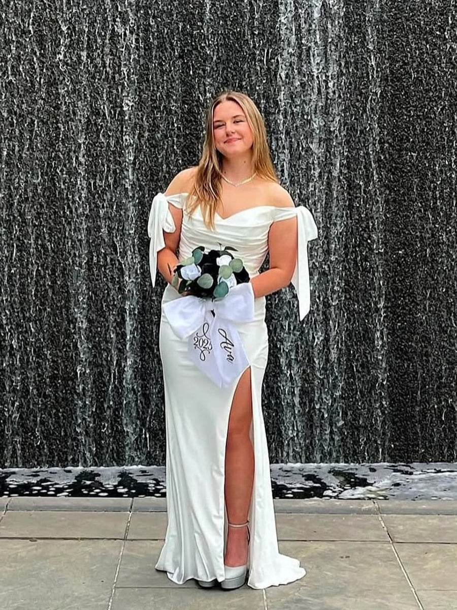 White Satin Off-the-Shoulder Bow Prom Dress