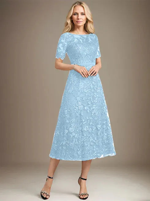 A-line Scoop Illusion Tea-Length Lace Mother of the Bride Dress With Sequins