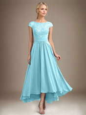 A-line Scoop Illusion Asymmetrical Lace Chiffon Mother of the Bride Dress With Pleated