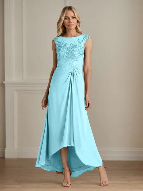 Champagne A-Line Scoop Lace Chiffon Dress