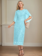 Sheath/Column Scoop Tea-Length Lace Chiffon Mother of the Bride Dress