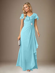 Stormy A-Line V-Neck Ruched Chiffon Dress