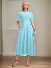 A-line Scoop Tea-Length Chiffon Mother of the Bride Dress With Appliques Lace Sequins