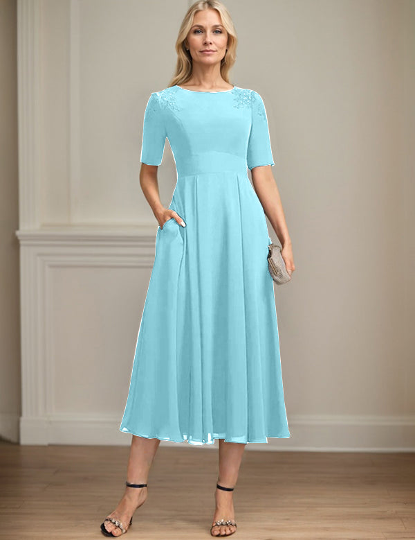 A-line Scoop Tea-Length Chiffon Mother of the Bride Dress With Appliques Lace Sequins