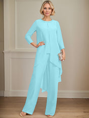 Separates Jumpsuit/Pantsuit Scoop Floor-Length Chiffon Mother of the Bride Dress With Sequins Beading