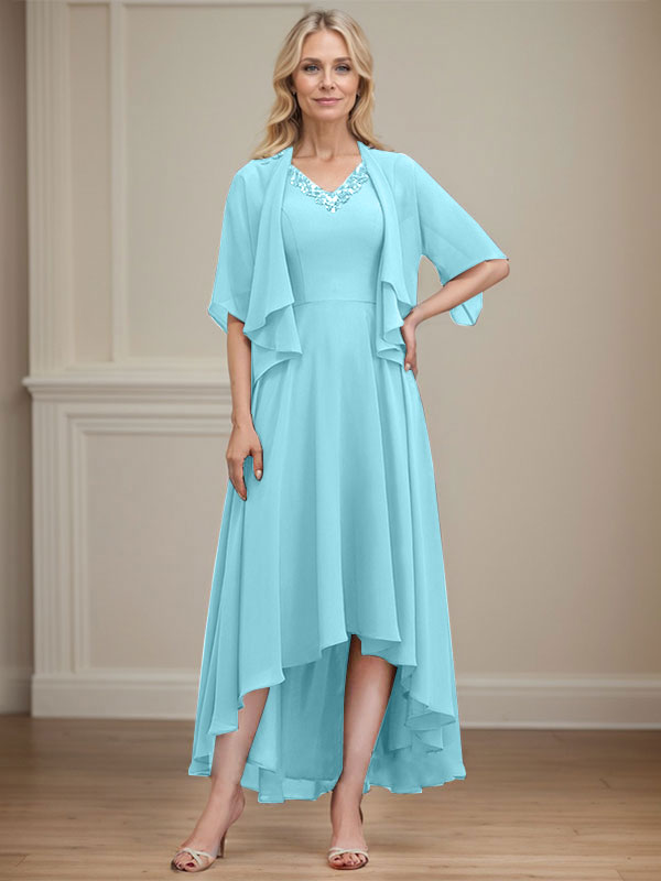 A-line V-Neck Asymmetrical Chiffon Mother of the Bride Dress With Beading Sequins