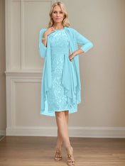Sheath/Column Scoop Illusion Knee-Length Lace Chiffon Mother of the Bride Dress With Cascading Ruffles Sequins