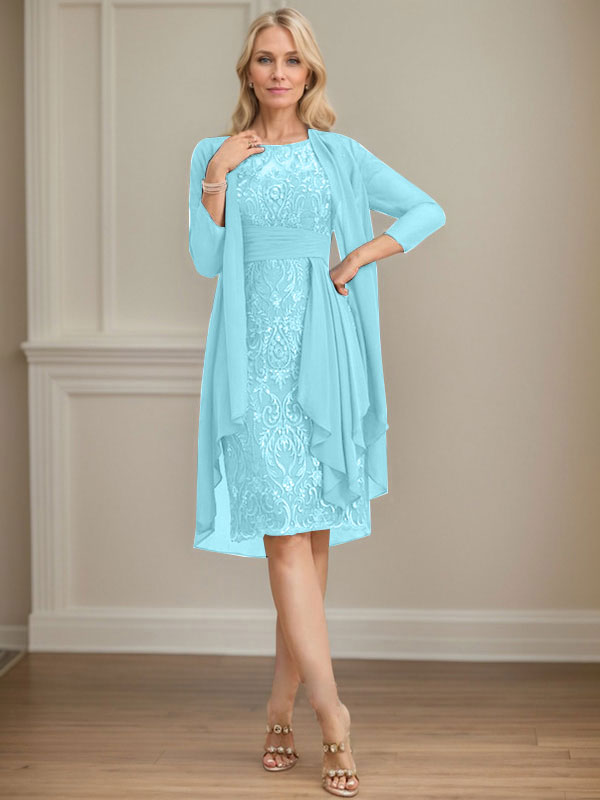 Column Scoop Illusion Knee-Length Lace Chiffon Mother of the Bride Dress With Cascading Ruffles Sequins