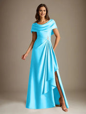 A-Line Scoop Floor-Length Stretch Satin Mother of the Bride Dress With Cascading Ruffles