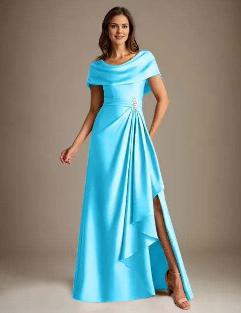 A-Line Scoop Floor-Length Stretch Satin Mother of the Bride Dress With Cascading Ruffles